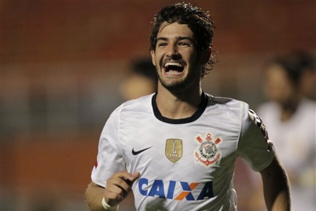 Brazil's Corinthians' Alexandre Pato celebrates after scoring against Colombia's Millonarios during a Copa Libertadores soccer match in Sao Paulo, Brazil, Wednesday, Feb. 27, 2013.  (AP Photo/Andre Penner)