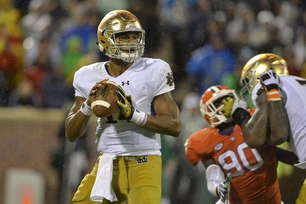 Notre Dame quarterback DeShone Kizer looks for a receiver during the first half of an NCAA college football game against Clemson Saturday, Oct. 3, 2015,  in Clemson,  S.C.  Clemson won 24-22. (AP Photo/Richard Shiro)
