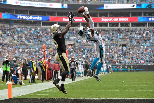 CHARLOTTE, NC - SEPTEMBER 27:  Josh Norman #24 of the Carolina Panthers makes a game-saving interception of a pass to Brandin Cooks #10 of the New Orleans Saints in the end zone during their game at Bank of America Stadium on September 27, 2015 in Charlotte, North Carolina. The Panthers won 27-25.  (Photo by Grant Halverson/Getty Images)