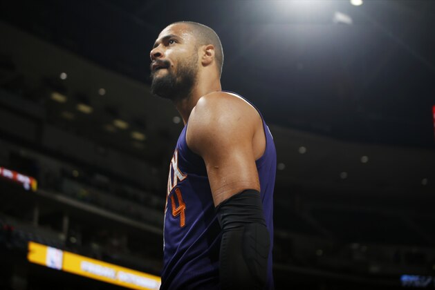 Phoenix Suns center Tyson Chandler walks off the court after being ejected for arguing with referees while facing the Denver Nuggets in the second half of an NBA basketball game Friday, Oct. 16, 2015, in Denver. The Nuggets won 106-81. (AP Photo/David Zalubowski)