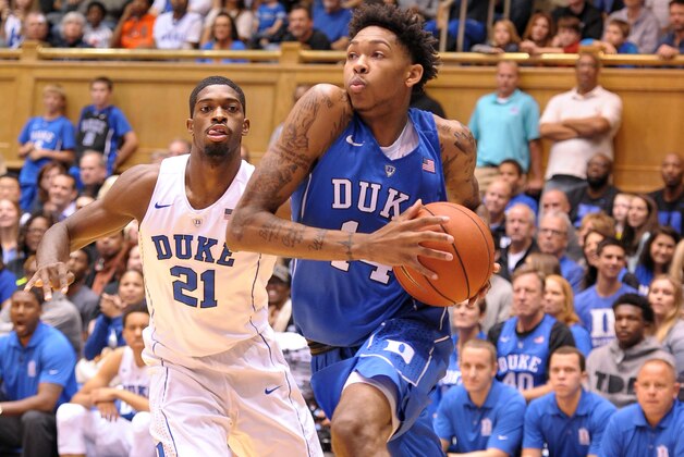 DURHAM, NC - OCTOBER 17: Brandon Ingram #14 drives against Amile Jefferson #21 of the Duke Blue Devils during Countdown to Craziness at Cameron Indoor Stadium on October 17, 2015 in Durham, North Carolina. (Photo by Lance King/Getty Images)