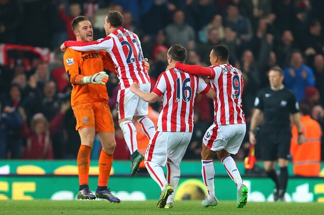 STOKE ON TRENT, ENGLAND - OCTOBER 27:  Jack Butland of Stoke City celebrates with his team mates after the Capital One Cup Fourth Round match between Stoke City and Chelsea at Britannia Stadium on October 27, 2015 in Stoke on Trent, England.  (Photo by Catherine Ivill - AMA/Getty Images)