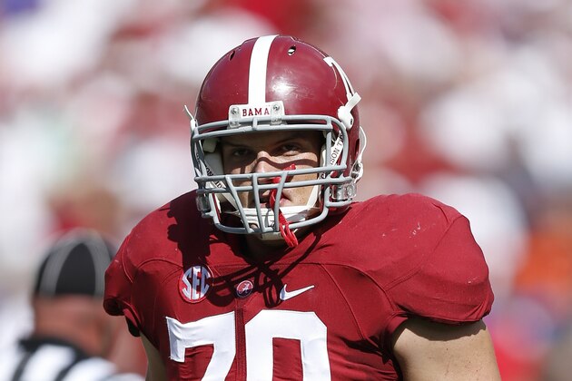 TUSCALOOSA, AL - SEPTEMBER 20: Ryan Kelly #70 of the Alabama Crimson Tide looks on against the Florida Gators during the game at Bryant-Denny Stadium on September 20, 2014 in Tuscaloosa, Alabama. Alabama defeated Florida 42-21. (Photo by Joe Robbins/Getty Images)