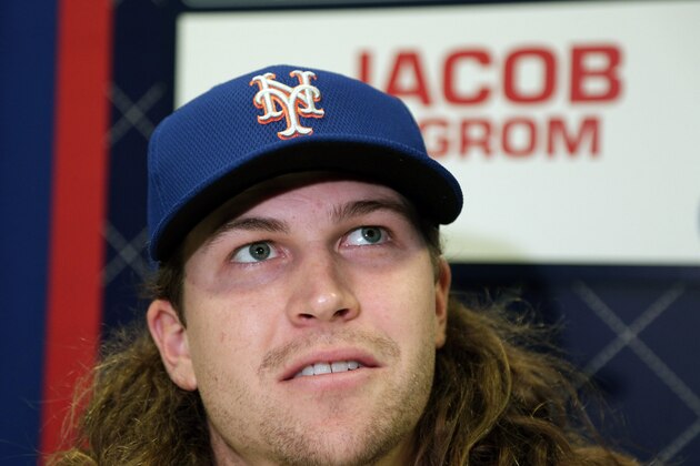 New York Mets starting pitcher Jacob deGrom talks during media day for the Major League Baseball World Series against the Kansas City Royals Monday, Oct. 26, 2015, in Kansas City, Mo. (AP Photo/Charlie Riedel)