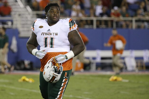 Miami defensive lineman Michael Wyche walks off the field at the end of the first half of an NCAA college football game against Florida Atlantic, Friday, Sept. 11, 2015, in Boca Raton, Fla. (AP Photo/Wilfredo Lee)