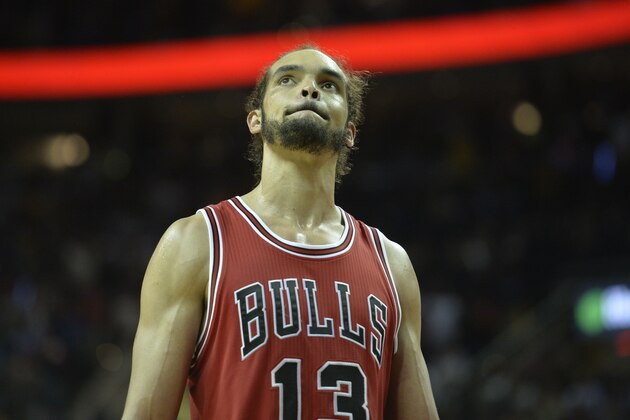 May 12, 2015; Cleveland, OH, USA; Chicago Bulls center Joakim Noah (13) reacts in the fourth quarter against the Cleveland Cavaliers in game five of the second round of the NBA Playoffs at Quicken Loans Arena. Mandatory Credit: David Richard-USA TODAY Sports