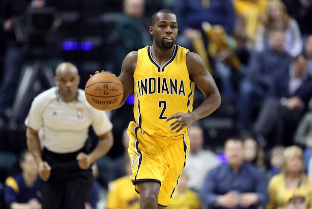 Mar 1, 2015; Indianapolis, IN, USA; Indiana Pacers guard Rodney Stuckey (2) brings the ball up court against the Philadelphia 76ers at Bankers Life Fieldhouse. Indiana defeats Philadelphia 94-74. Mandatory Credit: Brian Spurlock-USA TODAY Sports