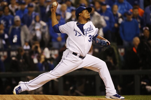Kansas City Royals pitcher Edinson Volquez throws during the first inning of Game 1 of the Major League Baseball World Series against the New York Mets Tuesday, Oct. 27, 2015, in Kansas City, Mo. (AP Photo/Matt Slocum)