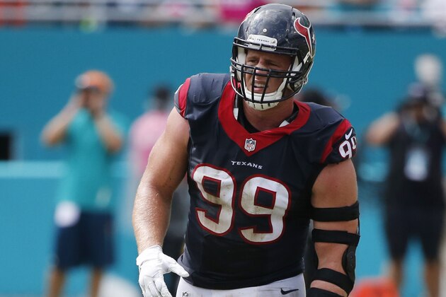 Houston Texans defensive end J.J. Watt (99) stands on the field during the first half of an NFL football game against the Miami Dolphins, Sunday, Oct. 25, 2015 in Miami Gardens, Fla. (AP Photo/Wilfredo Lee)