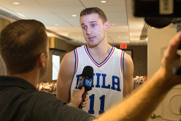 Sep 28, 2015; Galloway, NJ, USA; Philadelphia 76ers guard Nik Stauskas (11) talks with the media during media day at Stockton Seaview Hotel. Mandatory Credit: Bill Streicher-USA TODAY Sports