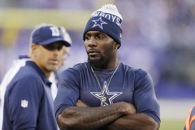 Dallas Cowboys wide receiver Dez Bryant (88) stands on the sidelines during the first half of an NFL football game against the New York Giants Sunday, Oct. 25, 2015, in East Rutherford, N.J. (AP Photo/Seth Wenig)