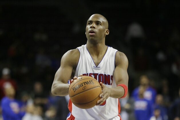 Detroit Pistons guard Jodie Meeks shoots a free throw during the second half of an NBA basketball game against the New York Knicks, Friday, Feb. 27, 2015 in Auburn Hills, Mich. (AP Photo/Carlos Osorio)