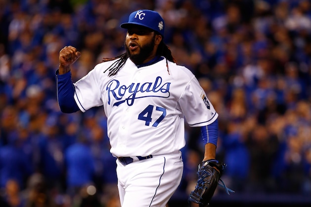 KANSAS CITY, MO - OCTOBER 28:  Johnny Cueto #47 celebrates after Alcides Escobar #2 of the Kansas City Royals fields a ground ball hit by Juan Lagares #12 of the New York Mets (not pictured) in the eighth inning in Game Two of the 2015 World Series between the Kansas City Royals and the New York Mets at Kauffman Stadium on October 28, 2015 in Kansas City, Missouri.  (Photo by Jamie Squire/Getty Images)