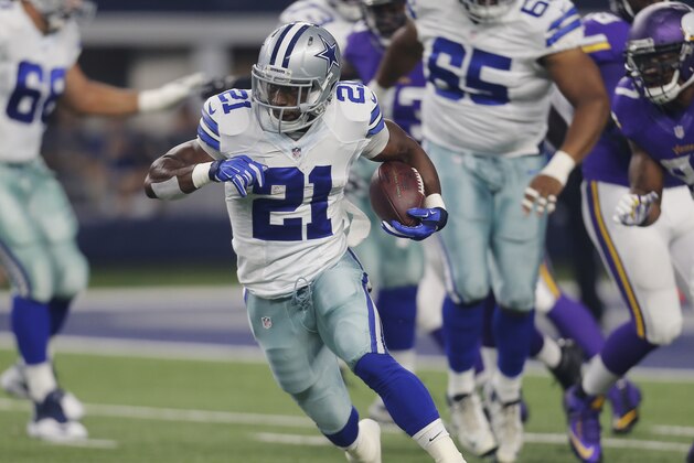 FILE - In this Saturday, Aug. 29, 2015 file photo, Dallas Cowboys running back Joseph Randle (21) runs the ball against the Minnesota Vikings during the first half of a preseason NFL football game in Arlington, Texas. Two things seem settled at running back for Dallas going into the season opener: Joseph Randle figures to start behind Tony Romo even though there’s been no official word, and newly acquired Christine Michael probably won’t be ready to contribute. (AP Photo/Brandon Wade, File)