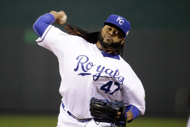Kansas City Royals pitcher Johnny Cueto throws during the first inning of Game 2 of the Major League Baseball World Series against the New York Mets Wednesday, Oct. 28, 2015, in Kansas City, Mo. (AP Photo/David Goldman)
