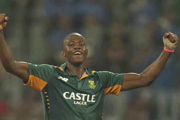 South African Kagiso Rabada, celebrates the victory against India in the final one-day international cricket match of a five-game series in Mumbai, India, Sunday, Oct. 25, 2015. South Africa won by 214 runs.(AP Photo/Rafiq Maqbool)