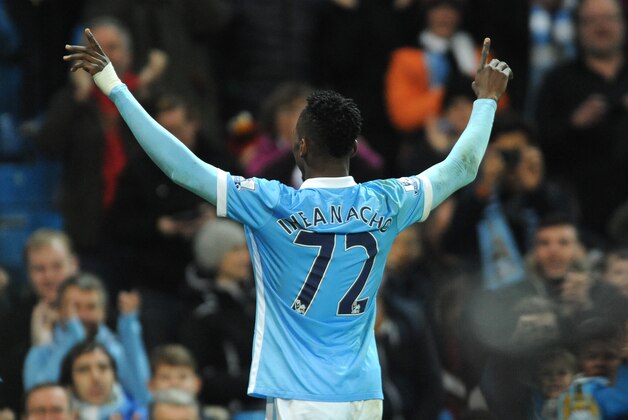 Manchester City’s Kelechi Iheanacho celebrates towards fans after scoring against Crystal Palace during the English League Cup Fourth Round soccer match between Manchester City and Crystal Palace at the Etihad Stadium, Manchester, England, Wednesday, Oct. 28, 2015. (AP Photo/Rui Vieira)