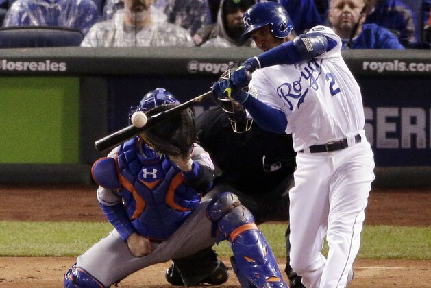 Kansas City Royals' Alcides Escobar watches his RBI single against the New York Mets during the fifth inning of Game 2 of the Major League Baseball World Series Wednesday, Oct. 28, 2015, in Kansas City, Mo. (AP Photo/Charlie Riedel)