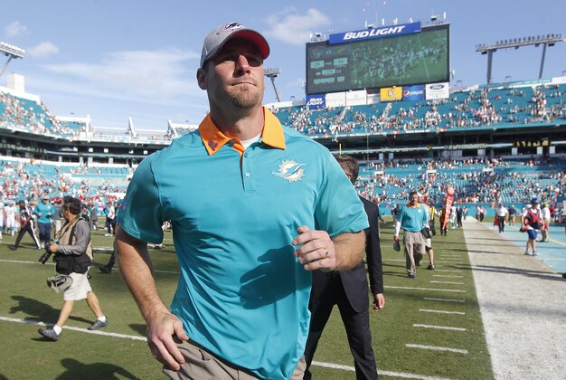 Oct 25, 2015; Miami Gardens, FL, USA; Miami Dolphins interim head coach Dan Campbell (C) runs off the field after defeating the Houston Texans 44-26 at Sun Life Stadium. Mandatory Credit: Andrew Innerarity-USA TODAY Sports