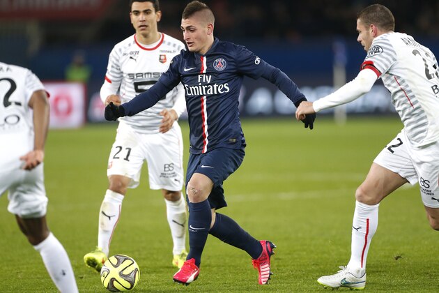 PARIS, FRANCE - JANUARY 30: Marco Verratti of PSG in action during the French Ligue 1 match between Paris Saint-Germain FC and Stade Rennais FC (Rennes) at Parc des Princes stadium on January 30, 2015 in Paris, France. (Photo by Jean Catuffe/Getty Images)