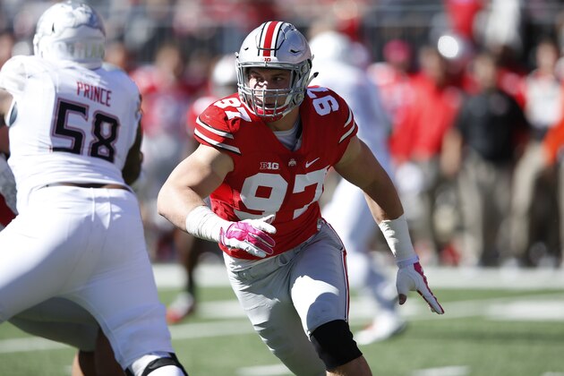COLUMBUS, OH - OCTOBER 10: Joey Bosa #97 of the Ohio State Buckeyes in action against the Maryland Terrapins during a game at Ohio Stadium on October 10, 2015 in Columbus, Ohio. The Buckeyes defeated the Terrapins 49-28. (Photo by Joe Robbins/Getty Images)