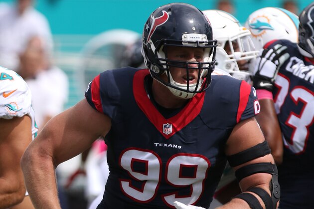 J.J. Watt plays during an NFL football game between the Houston Texans and the Miami Dolphins, Sunday, Oct. 25, 2015, in Miami, FL. (Photo by Marc Serota/Panini)