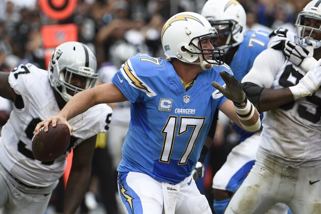 San Diego Chargers quarterback Philip Rivers (17) scrambles during the second half of an NFL football game against the Oakland Raiders Sunday, Oct. 25, 2015, in San Diego. (AP Photo/Denis Poroy) San Diego Chargers quarterback Philip Rivers (17) scrambles during the second half of an NFL football game against the Oakland Raiders Sunday, Oct. 25, 2015, in San Diego. (AP Photo/Denis Poroy)