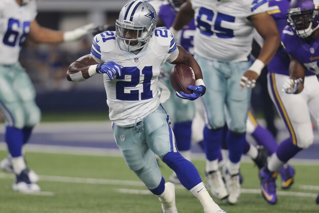FILE - In this Saturday, Aug. 29, 2015 file photo, Dallas Cowboys running back Joseph Randle (21) runs the ball against the Minnesota Vikings during the first half of a preseason NFL football game in Arlington, Texas. Two things seem settled at running back for Dallas going into the season opener: Joseph Randle figures to start behind Tony Romo even though there’s been no official word, and newly acquired Christine Michael probably won’t be ready to contribute. (AP Photo/Brandon Wade, File)