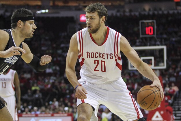 Mar 17, 2015; Houston, TX, USA; Houston Rockets forward Donatas Motiejunas (20) dribbles the ball during the first half against the Orlando Magic at Toyota Center. The Rockets defeated the Magic 107-94. Mandatory Credit: Troy Taormina-USA TODAY Sports