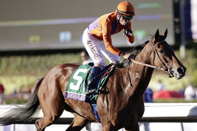 Jockey Gary Stevens celebrates after Beholder won the Breeders' Cup Distaff horse race at Santa Anita Park Friday, Nov. 1, 2013, in Arcadia, Calif. (AP Photo/Jae C. Hong)