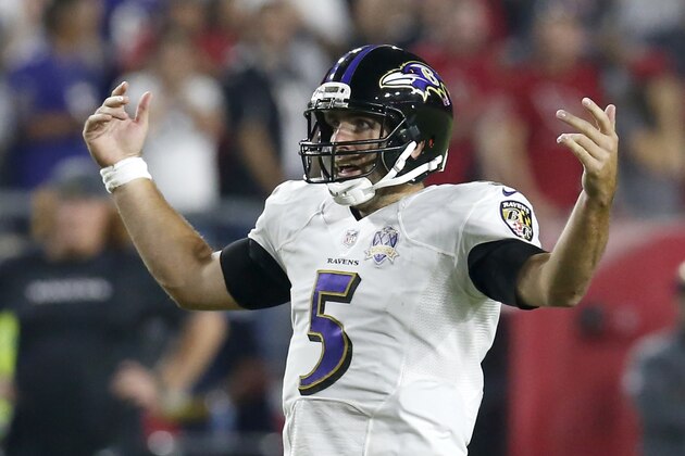 Baltimore Ravens quarterback Joe Flacco (5) during an NFL football game against the Arizona Cardinals, Monday, Oct. 26, 2015, in Glendale, Ariz. (AP Photo/Rick Scuteri)