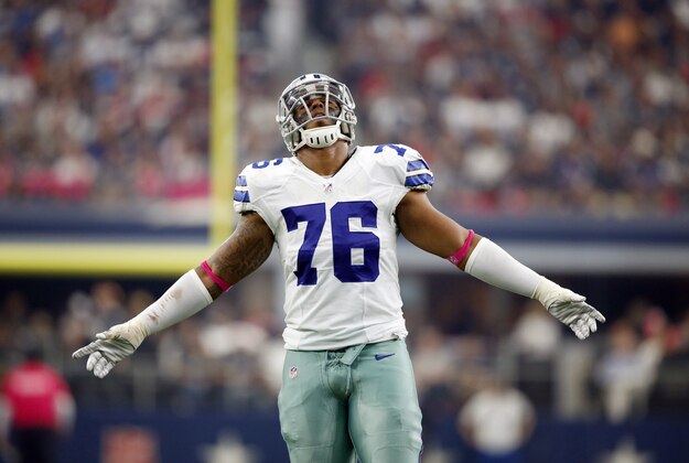 Oct 11, 2015; Arlington, TX, USA; Dallas Cowboys defensive end Greg Hardy (76) reacts up against the New England Patriots at AT&T Stadium. Mandatory Credit: Erich Schlegel-USA TODAY Sports