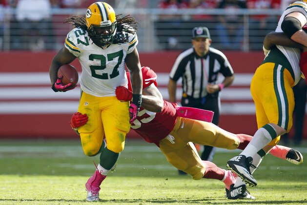 Green Bay Packers running back Eddie Lacy (27) runs with the ball against the San Francisco 49ers during an NFL football game in Santa Clara, Calif., Sunday, Oct. 4, 2015. (Jeff Haynes/AP Images for Panini)