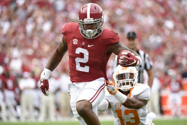 Oct 24, 2015; Tuscaloosa, AL, USA; Alabama Crimson Tide running back Derrick Henry (2) carries for a touchdown against Tennessee Volunteers defensive back Malik Foreman (13) during the first quarter at Bryant-Denny Stadium. Mandatory Credit: John David Mercer-USA TODAY Sports