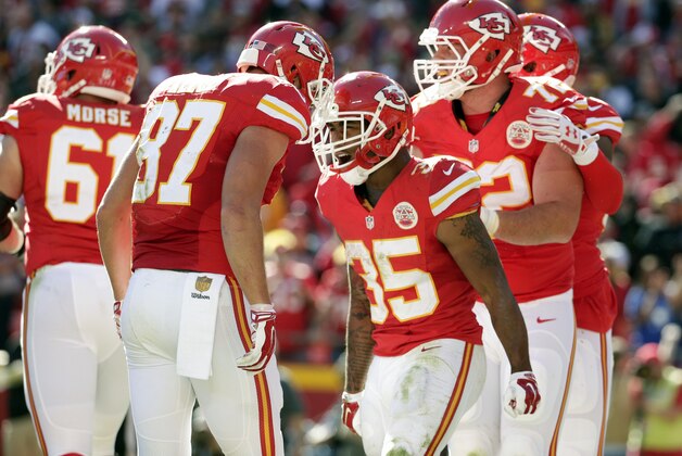 Kansas City Chiefs running back Charcandrick West (35) celebrates after scoring a touchdown during the second half of an NFL football game against the Pittsburgh Steelers in Kansas City, Mo., Sunday, Oct. 25, 2015. (AP Photo/Charlie Riedel)