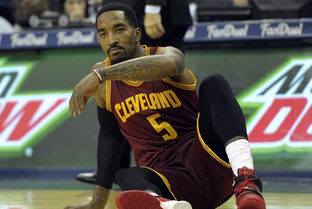 Oct 28, 2015; Memphis, TN, USA; Cleveland Cavaliers guard J.R. Smith (5) reacts during the first quarter of the game at FedExForum. Mandatory Credit: Justin Ford-USA TODAY Sports