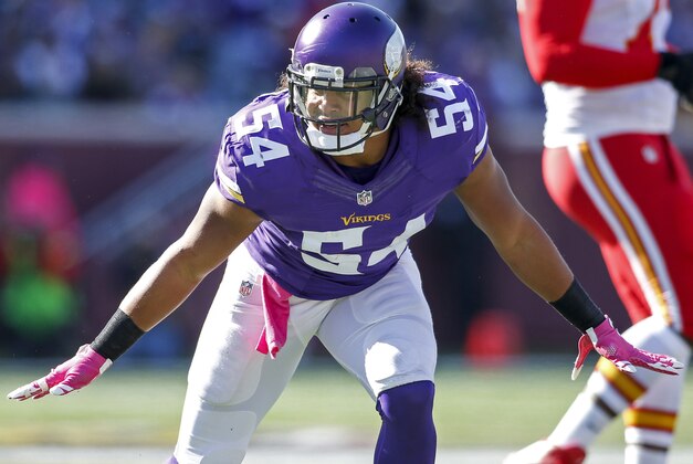 Oct 18, 2015; Minneapolis, MN, USA; Minnesota Vikings linebacker Eric Kendricks (54) celebrates after a sack against the Kansas City Chiefs in the first quarter at TCF Bank Stadium. The Vikings won 16-10. Mandatory Credit: Bruce Kluckhohn-USA TODAY Sports