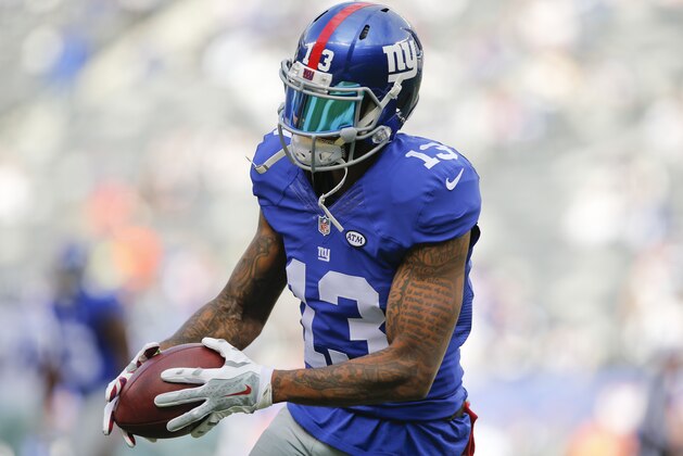 New York Giants wide receiver Odell Beckham (13) warms up before an NFL football game against the Dallas Cowboys Sunday, Oct. 25, 2015, in East Rutherford, N.J. (AP Photo/Kathy Willens)