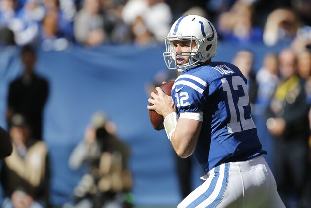 Indianapolis Colts quarterback Andrew Luck (12) throws against the New Orleans Saints in the first half of an NFL football game in Indianapolis, Sunday, Oct. 25, 2015.  (AP Photo/AJ Mast)