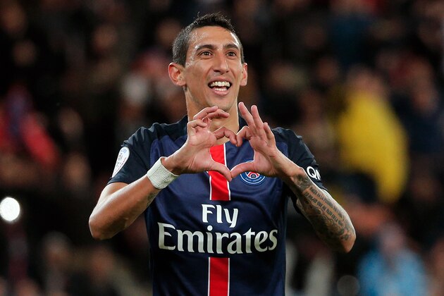 PSG's Angel Di Maria celebrates after scoring during the  French League One soccer match between Paris Saint Germain and Guingamp, at the Parc des Princes stadium in Paris, France, Tuesday, Sept. 22, 2015. (AP Photo/Thibault Camus)