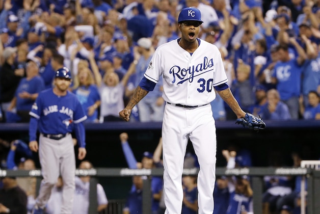 Kansas City Royals starting pitcher Yordano Ventura reacts after Toronto Blue Jays' Josh Donaldson grounds out during the fifth inning in Game 6 of baseball's American League Championship Series on Friday, Oct. 23, 2015, in Kansas City, Mo. (AP Photo/Matt Slocum)