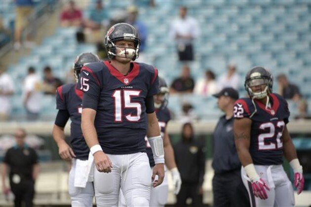 FILE - In this Oct. 18, 2015, file photo, Houston Texans quarterback Ryan Mallett (15) warms up before an NFL football game against the Jacksonville Jaguars in Jacksonville, Fla. The Texans parted ways Tuesday with their sometime starting quarterback, Ryan Mallett, three days after Mallett missed the team's charter flight to Miami for last weekend's game against the Dolphins.(AP Photo/Phelan M. Ebenhack, File)