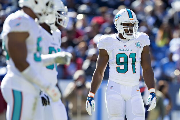 NASHVILLE, TN - OCTOBER 18: Cameron Wake #91 of the Miami Dolphins at the line of scrimmage during a game against the Tennessee Titans at LP Field on October 18, 2015 in Nashville, Tennessee. The Dolphins defeated the Titans 38-10. (Photo by Wesley Hitt/Getty Images) NASHVILLE, TN - OCTOBER 18: Cameron Wake #91 of the Miami Dolphins at the line of scrimmage during a game against the Tennessee Titans at LP Field on October 18, 2015 in Nashville, Tennessee. The Dolphins defeated the Titans 38-10. (Photo by Wesley Hitt/Getty Images)