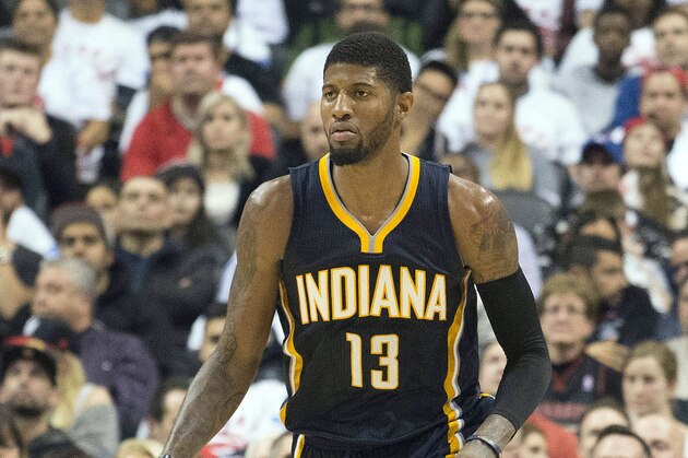 Oct 28, 2015; Toronto, Ontario, CAN; Indiana Pacers forward Paul George (13) takes the ball up court during the fourth quarter in a game against the Toronto Raptors at the Air Canada Centre. The Toronto Raptors won 106-99. Mandatory Credit: Nick Turchiaro-USA TODAY Sports