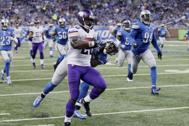 Minnesota Vikings running back Adrian Peterson (28) is dragged down on his 75-yard run by Detroit Lions free safety Glover Quin (27) during the second half of an NFL football game against the Detroit Lions, Sunday, Oct. 25, 2015, in Detroit. (AP Photo/Duane Burleson) Minnesota Vikings running back Adrian Peterson (28) is dragged down on his 75-yard run by Detroit Lions free safety Glover Quin (27) during the second half of an NFL football game against the Detroit Lions, Sunday, Oct. 25, 2015, in Detroit. (AP Photo/Duane Burleson)