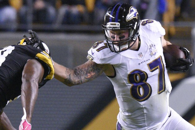 Baltimore Ravens tight end Maxx Williams (87) runs away from Pittsburgh Steelers inside linebacker Vince Williams (98) after making a catch in an NFL football against the Pittsburgh Steelers, Thursday, Oct. 1, 2015 in Pittsburgh. (AP Photo/Don Wright) Baltimore Ravens tight end Maxx Williams (87) runs away from Pittsburgh Steelers inside linebacker Vince Williams (98) after making a catch in an NFL football against the Pittsburgh Steelers, Thursday, Oct. 1, 2015 in Pittsburgh. (AP Photo/Don Wright)