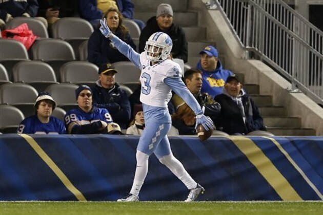 North Carolina wide receiver Ryan Switzer (3) celebrates in the end zone after running in for a touchdown after catching a pass in the second quarter of an NCAA college football game against Pittsburgh, Thursday, Oct. 29, 2015, in Pittsburgh. (AP Photo/Keith Srakocic)