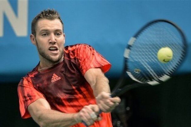 Jack Sock of the US returns a shot to Richard Gasquet of France, during the semi-final match of the Stockholm Open tennis tournament in Stockholm, Sweden, Saturday, Oct. 24, 2015. (Anders Wiklund/TT News Agency via AP)