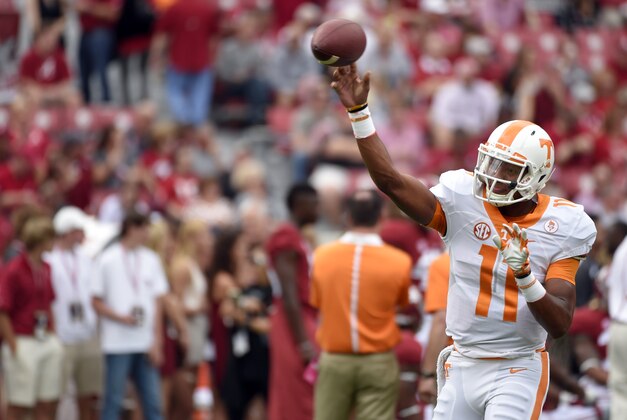 Oct 24, 2015; Tuscaloosa, AL, USA; Tennessee Volunteers quarterback Joshua Dobbs (11) passing during pre game warmups before the start of the game against the Alabama Crimson Tide at Bryant-Denny Stadium. Mandatory Credit: John David Mercer-USA TODAY Sports
