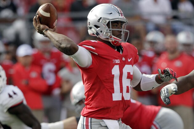 Ohio State quarterback J.T. Barrett throws a pass against Northern Illinois during the second quarter of an NCAA college football game Saturday, Sept. 19, 2015, in Columbus, Ohio. (AP Photo/Jay LaPrete)